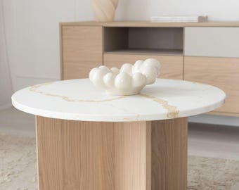 Elegant round coffee table with stone marble top perfect for a small living room by the sofa light oak wooden Scandinavian table custom made