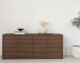 Commode SOREN élégante et minimaliste avec finition foncée, commode pour le salon ou la salle à manger, commode avec portes en bois foncé, noyer foncé.