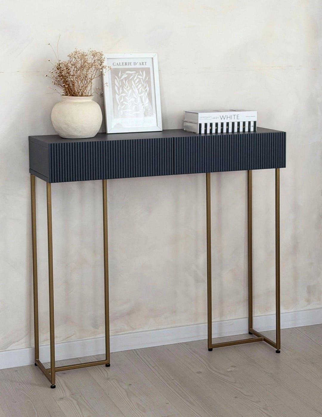 Grooved Table Grey Grooved Console Table on a Gold Glamour-style Frame With Drawers ...