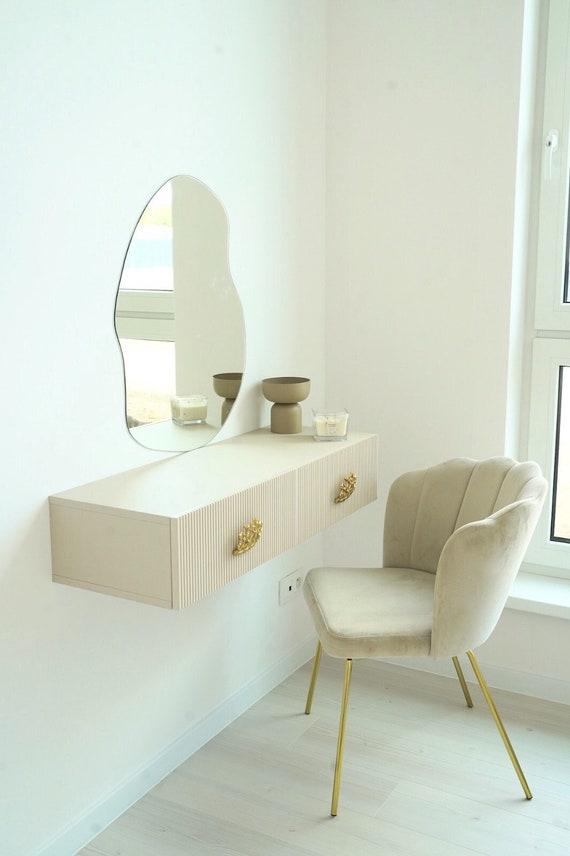 Coiffeuse suspendue blanche mat 1 tiroir avec miroir design blanc