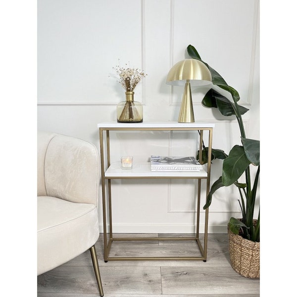 MARVA GOLD - console avec étagères mates blanches, console étroite, console moderne, petite console