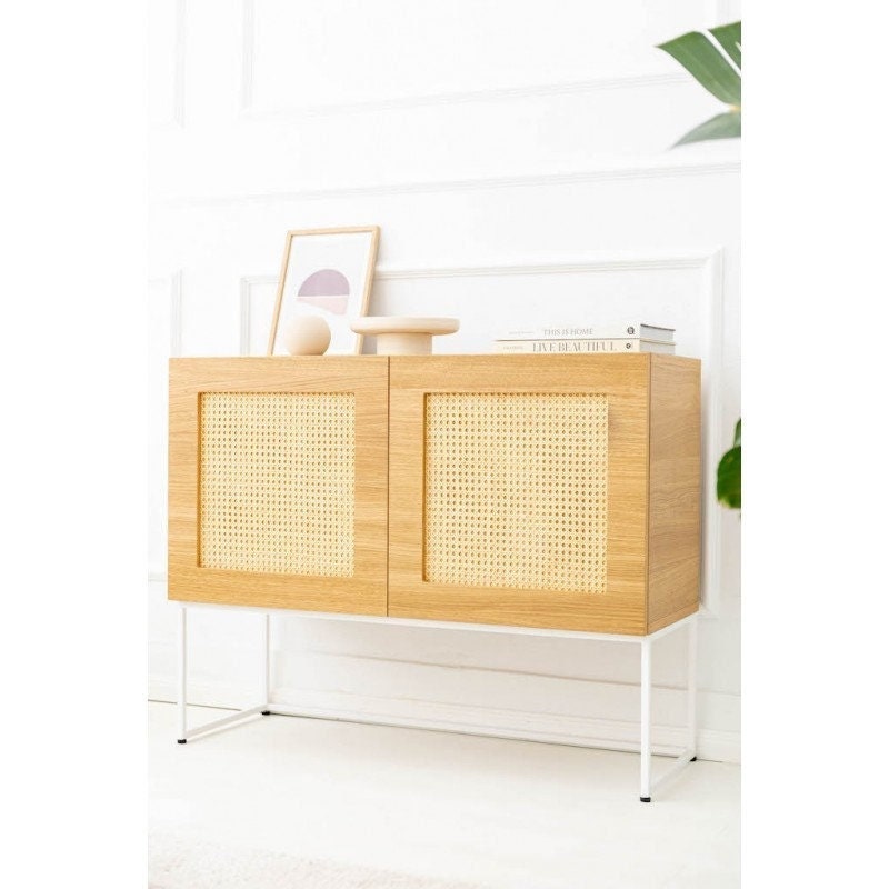 Ophium rattan- chest of drawers with braid, boho chest of drawers, chest of drawers with cabinets, room furniture, white legs, natural oak