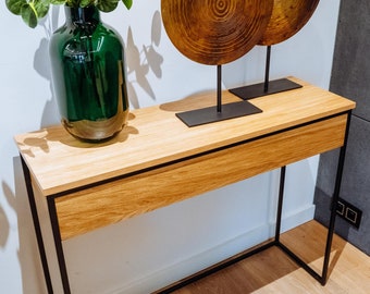 Modern wooden loft wall console table – narrow console for hallway or living room, japandi style console table on metal legs