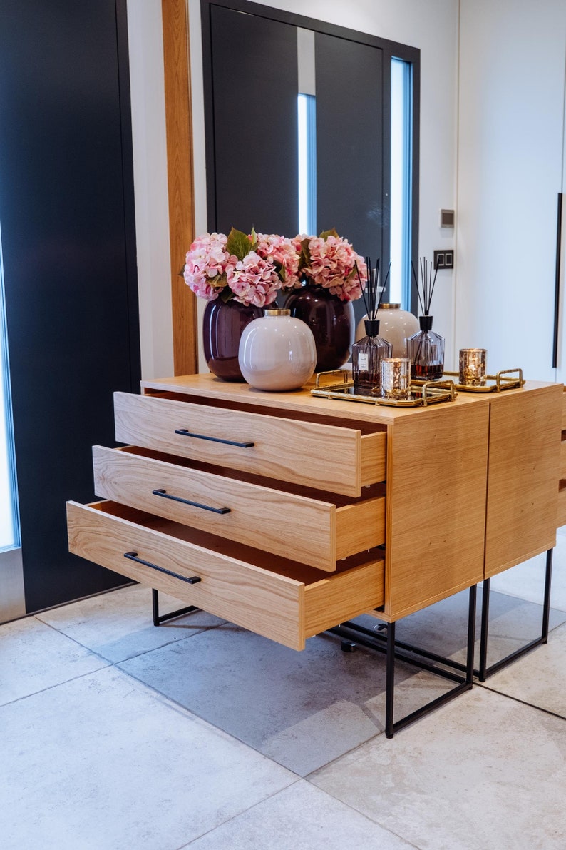 NADIR chest of drawers with drawers, console, natural oak, chest of drawers, wardrobe, TV cabinet, black metal frame image 3