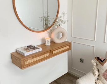 MILEY RATTAN 120x30x15 - boho style hanging cabinet narrow hanging dressing table for bedroom with rattan
