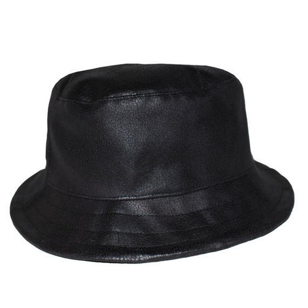 Chapeau Bob mixte, Homme, Femme, Ado en cuir végétal Noir effet vieilli et lisse pleine fleur