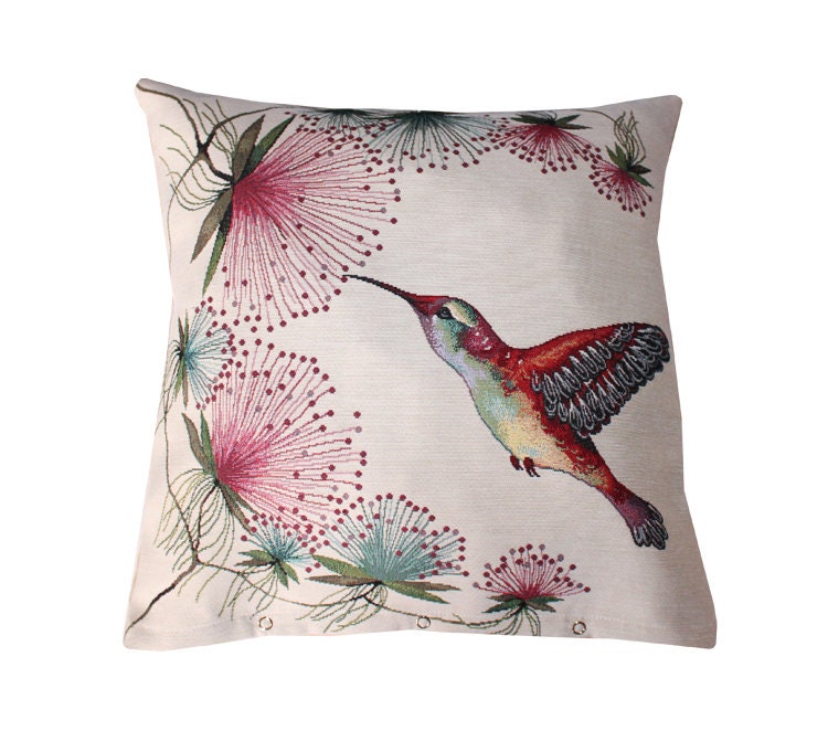 Housse de Coussin Oiseaux Colibri Ornement Fleurs et Velours Ras Beige