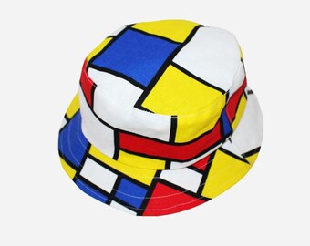 Reversible Bucket Hat Inspired by Piet Mondrian and White, Unisex, Men's, Women's, Teens