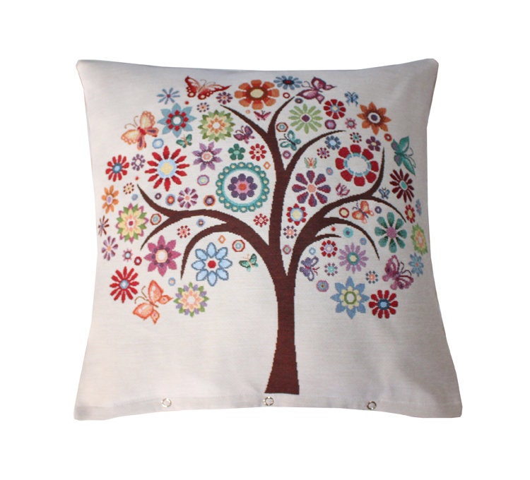 Housse de Coussin Arbre Vie et Velours Ras Beige