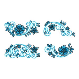 Puede incluir: Cuatro diseños florales azules con intrincados remolinos y hojas. Los diseños son perfectos para proyectos de bordado o manualidades.