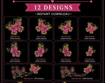 Butterfly Machine Embroidery Bundle | 12 Mini Swirl Designs | 4x4 & 5x7 Hoop Files