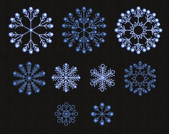 May include: Nine blue snowflake designs on a black background. The snowflakes are embroidered and have a 3D effect.
