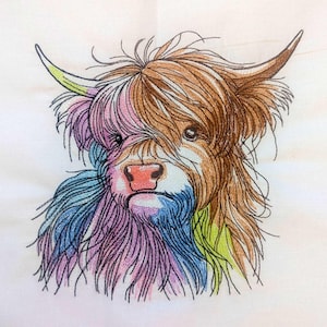 Motif de broderie vache Highland cerceau 5 x 7 | Style de ferme rustique | Modèle numérique pour les amoureux des animaux