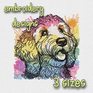 Gelukkig Goldendoodle Puppy-borduurontwerp | Lachende regenbooghond | Machinebestand 4 x 4 hoepels