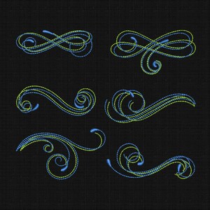 May include: A set of six decorative swirls in blue and green. The swirls are outlined in green and filled in with blue. The swirls are arranged in a grid pattern.