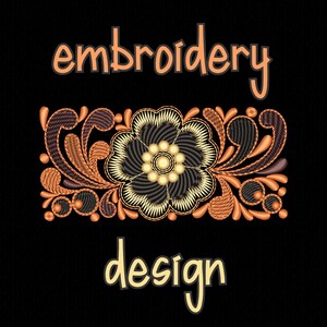 Könnte beinhalten: Stickmuster mit einer stilisierten Blume mit einem Wirbelmuster in Orange, Braun und Gold. Der Text "embroidery design" befindet sich unter der Blume.