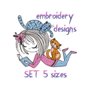 Mädchen lesende Katzen Stickdatei | 5x7 Hoop-Datei | Buchliebhaber Maschinenstickerei digitaler Download
