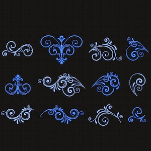 Puede incluir: Un conjunto de doce remolinos decorativos azules y blancos, perfectos para agregar un toque de elegancia a cualquier proyecto de diseño.