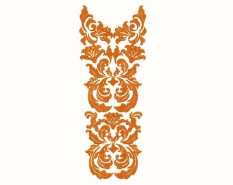 May include: A gold embroidered design featuring intricate floral patterns. The design is symmetrical and vertically oriented.