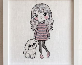 Little Girl Embroidery | Bichon Frise Puppy | Kids Machine Embroidery