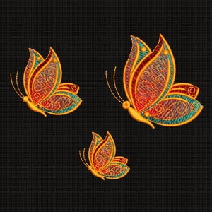 May include: Three embroidered butterflies in shades of red, orange, yellow, and blue on a black background. The butterflies have intricate designs and are arranged in a staggered pattern.