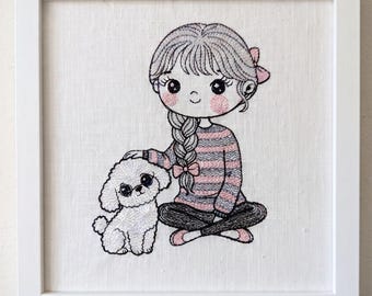 Girl with Puppy Embroidery Design | Dog Mom Gift | Kids Machine Embroidery