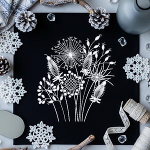 May include: A black square with a white floral design, surrounded by white crocheted snowflakes, pinecones, and decorative elements. A gray vase and clear crystals are also present, creating a wintery theme.