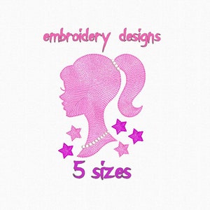Pink Glam Girl Machine Embroidery Design – 5 Sizes – Princess Silhouette Embroidery File for 5x7 4x4 Hoops