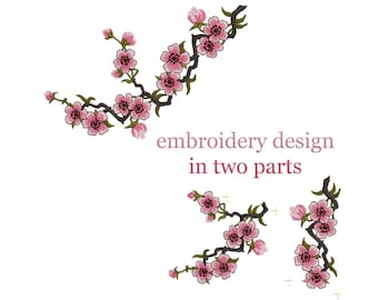 May include: Embroidery design in two parts, featuring a delicate floral motif with pink blossoms and dark green leaves. The design is perfect for creating a beautiful and intricate embroidery project.