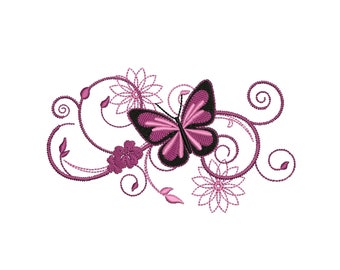 Butterfly Floral Swirl Embroidery Design | 5x7 Hoop Digital File | Elegant Decorative Pattern