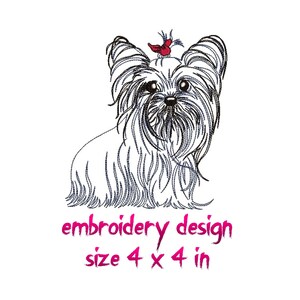 K&ouml;nnte beinhalten: Ein Stickdesign eines Yorkshire Terrier-Hundes mit langem Fell und einer roten Schleife. Das Design misst ca. 10 x 10 cm. Der Text "embroidery design" und "size 4 x 4 in" ist in rosa Kursivschrift.