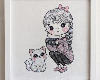 Girl with Camera Embroidery Design | Cat Lover | Kids Machine Embroidery
