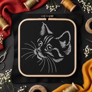 Cat Face Machine Embroidery Design | Blackwork Pet Portrait | 4 Hoop Sizes Digital Download File