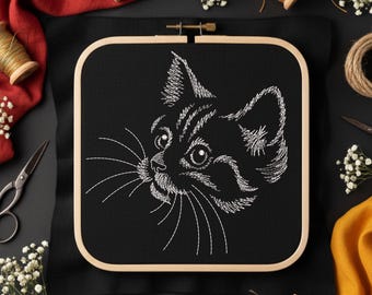 Cat Face Machine Embroidery Design | Blackwork Pet Portrait | 4 Hoop Sizes Digital Download File