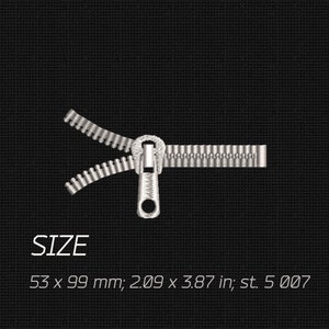 May include: A silver zipper with a pull tab, on a black background. The zipper is open and the pull tab is in the center. The text "SIZE 53 x 99 mm; 2.09 x 3.87 in; st. 5 007" is below the zipper.