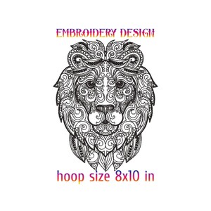 May include: Black and white embroidery design of a lion's face with intricate details. The design is for an 8x10 inch hoop. "Embroidery Design" is written above the lion's face.