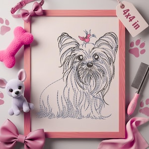 K&ouml;nnte beinhalten: Ein gerahmtes 10x10 cm Kunstwerk mit einer Illustration eines Yorkshire Terriers. Der Hund ist mit schwarzen und blauen fadenartigen Linien dargestellt, mit einem rosa Vogel auf dem Kopf. Der Rahmen ist rosa, umgeben von rosa Haustierzubeh&ouml;r.