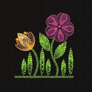 May include: Embroidered floral design featuring a pink flower and an orange flower with green leaves and stems. The design is set against a black background. The flowers and leaves are outlined with a textured stitch.