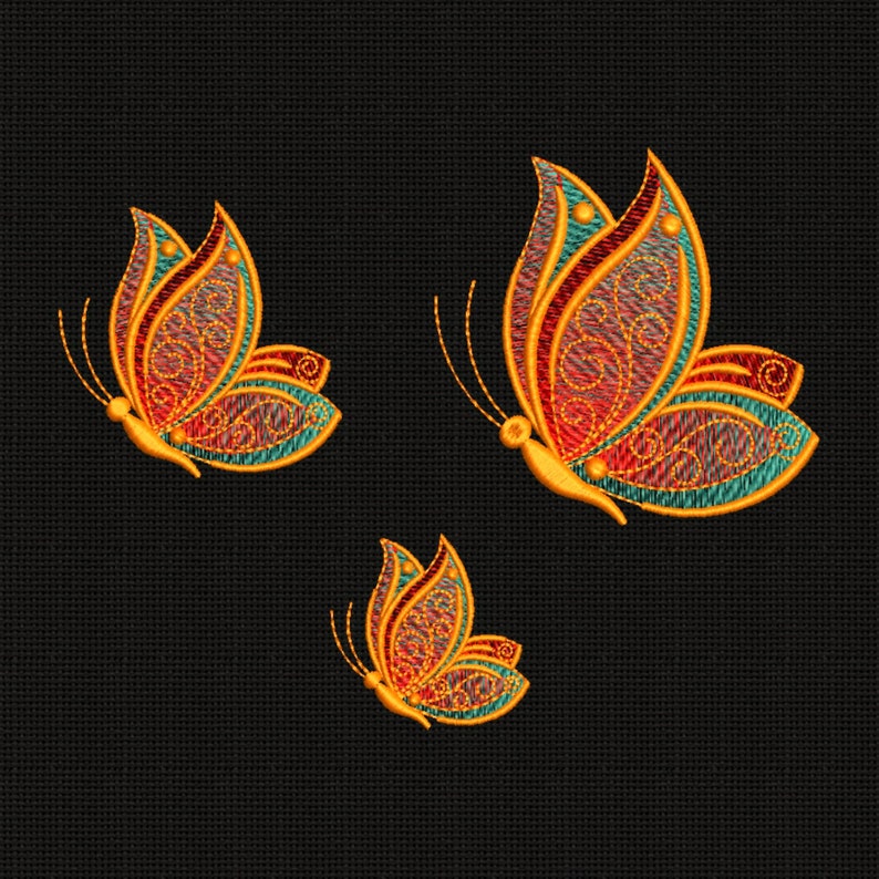 May include: Three embroidered butterflies in shades of red, orange, yellow, and blue on a black background. The butterflies have intricate designs and are arranged in a staggered pattern.