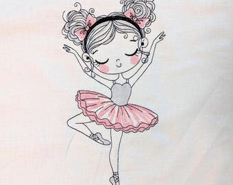 May include: Embroidered illustration of a ballerina in a pink tutu and grey leotard. The ballerina has her arms raised and is wearing a black headband with pink bows. Her cheeks are rosy, and her eyes are closed.