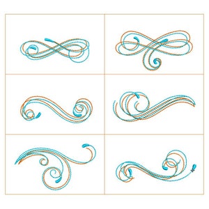 May include: Six different decorative swirls in blue and brown. The swirls are in various shapes and sizes, and they are all outlined in brown.