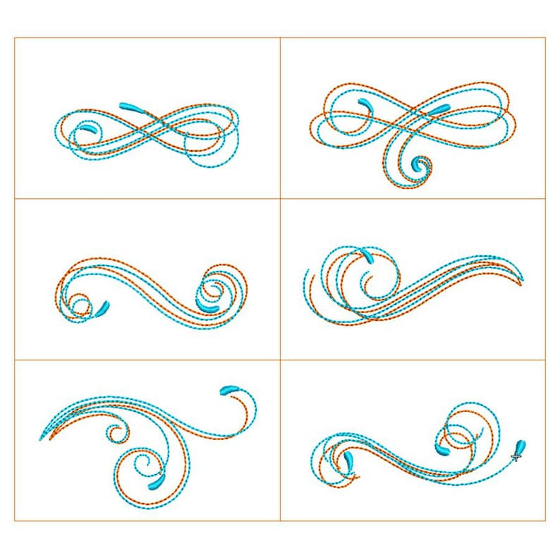 May include: Six different decorative swirls in blue and brown. The swirls are in various shapes and sizes, and they are all outlined in brown.