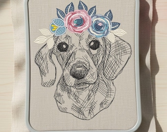 Dachshund with Floral Crown Embroidery Design | 6x8 Hoop | Sketch Dog Motif Digital File