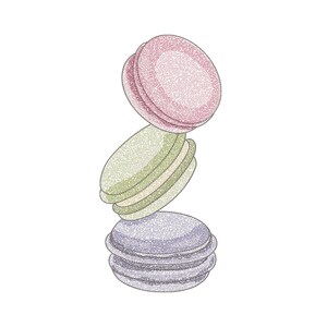 Könnte beinhalten: Illustration von drei gestapelten Makronen in Rosa, Grün und Lila. Das Bild ist eine digitale Datei für Maschinenstickerei. Die Reifengrößen sind 6x10 und 7x12. Formate sind DST, EXP, PES, HUS, JEF, VIP und VP3.XXX.