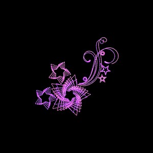 May include: A purple and pink light display in the shape of a vine with stars. The vine is made of small lights and the stars are larger and more prominent.