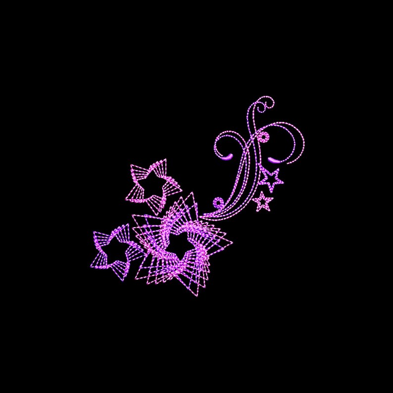May include: A purple and pink light display in the shape of a vine with stars. The vine is made of small lights and the stars are larger and more prominent.