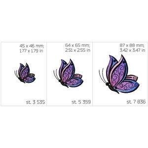 May include: Three different sizes of embroidered butterfly designs. The butterflies are purple and pink with intricate details. The designs are 1.77 x 1.79 inches, 2.51 x 2.55 inches, and 3.42 x 3.47 inches.