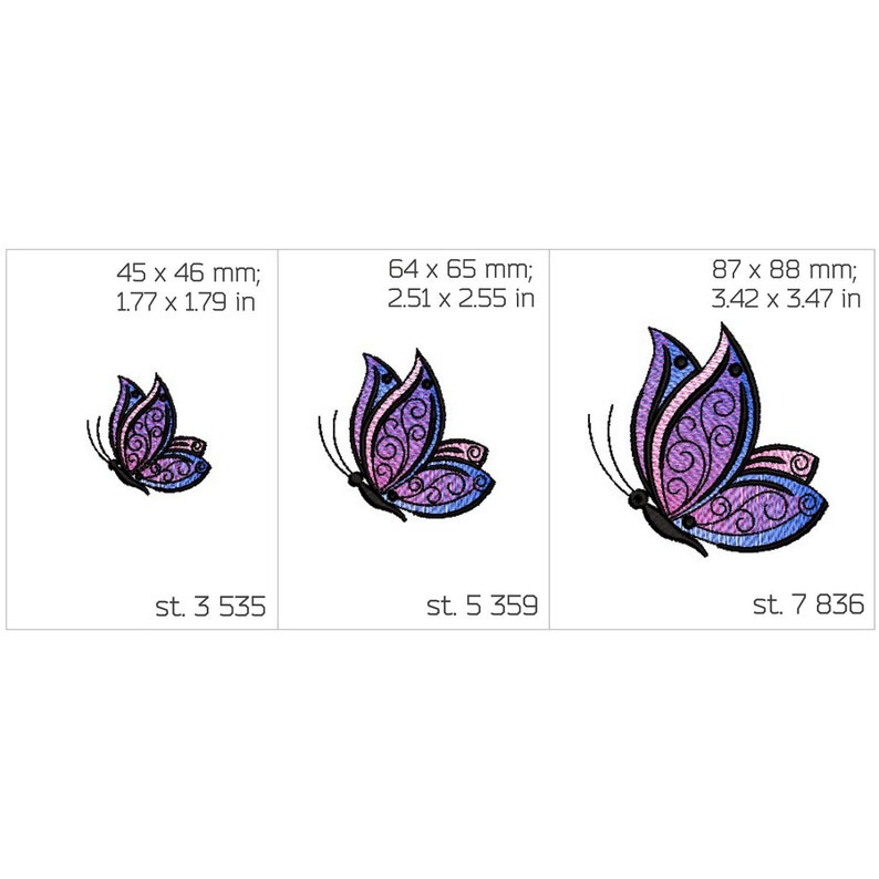 May include: Three different sizes of embroidered butterfly designs. The butterflies are purple and pink with intricate details. The designs are 1.77 x 1.79 inches, 2.51 x 2.55 inches, and 3.42 x 3.47 inches.