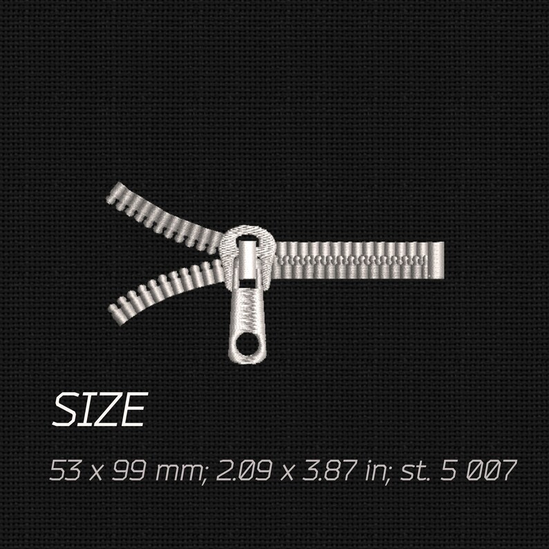 May include: A silver zipper with a pull tab, on a black background. The zipper is open and the pull tab is in the center. The text "SIZE 53 x 99 mm; 2.09 x 3.87 in; st. 5 007" is below the zipper.