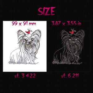 K&ouml;nnte beinhalten: Zwei gestickte Yorkshire Terrier Hunde Designs. Einer ist wei&szlig; und der andere ist schwarz. Der wei&szlig;e Hund ist 99 x 91 mm gro&szlig;, und der schwarze Hund ist 3,87 x 3,55 Zoll. Das Wort "SIZE" steht oben.